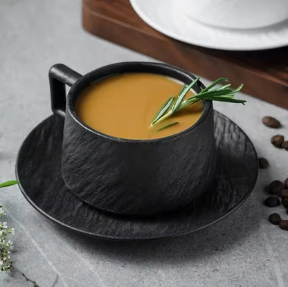 Japanese-Style Textured Ceramic Coffee Cup Set with Saucer