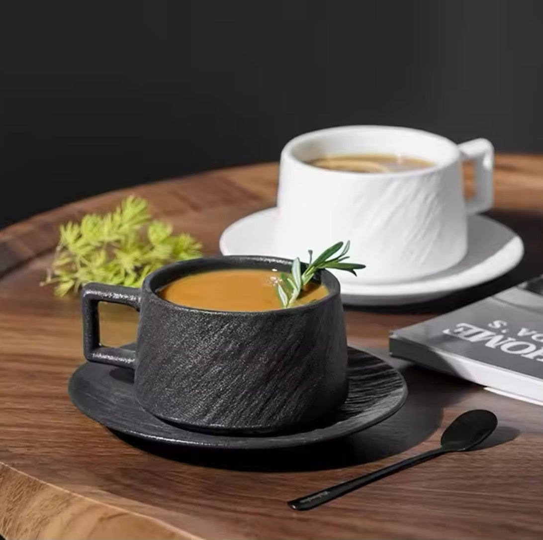 Japanese-Style Textured Ceramic Coffee Cup Set with Saucer